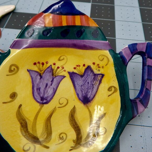 Milson & Louis Hand Painted Floral Ceramic Teapot Tea Bag Spoon Holder Set Of 3 - Picture 3 of 5